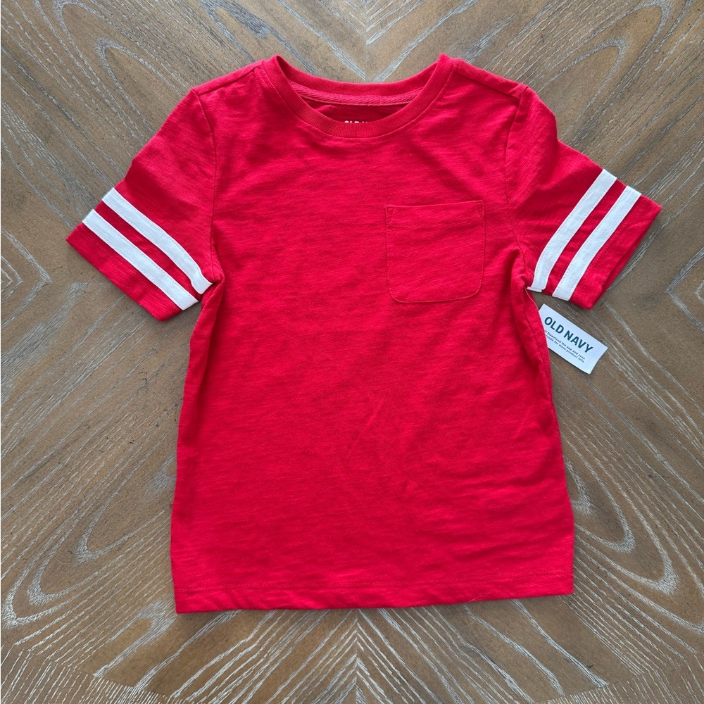 Old Navy Kids Red Tee with White Sleeve Stripes